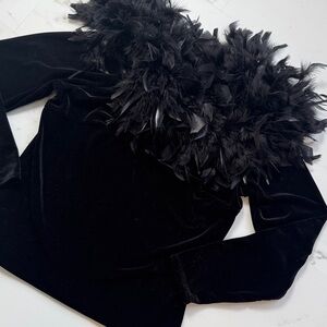 Vintage Y2K Metaphor Black Velvet Feather Collar Long Sleeve Shirt Sz L Glam